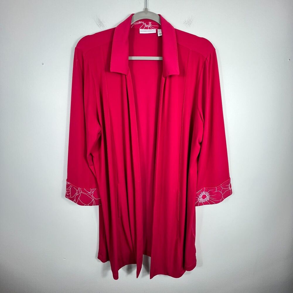 Susan Graver Liquid Knit Cardigan Womens XL Pink Collard Floral Cuffs